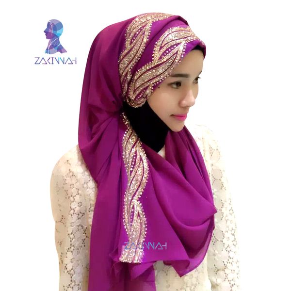 

dark buckle pearl chiffon fabric scarf of women drilling high quantity muslim headscarf long towel, Red