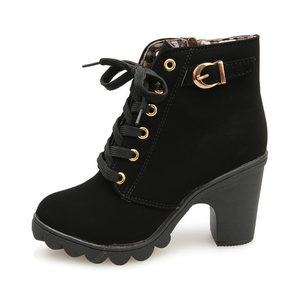 

footwear womens fashion high heel lace up ankle boots ladies buckle platform shoes casual new style autumn winter, Black