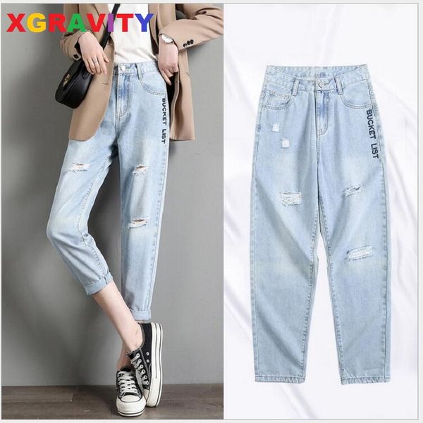 

xgravity women high waist jeans pants elastic holes denim jeans summer pencil pants ripped women's casual trousers a131, Blue