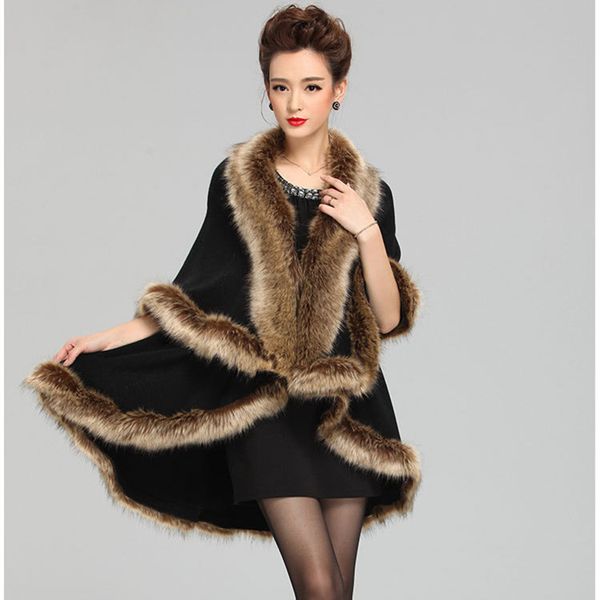 

2016 autumn winter women's long cardigans fake raccoon fur collar cashmere sweaters shawl knitted cardigan poncho cape q6-80f, Black