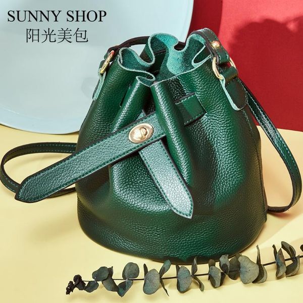 

sunny shop 100% genuine leather messenger bag women mini bucket bag messenger small