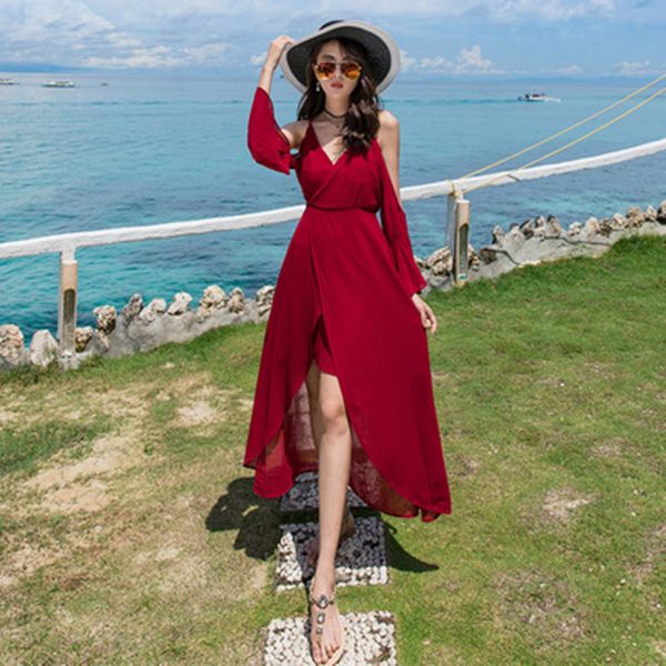 

2020 summer new women's seaside holiday slim dress female elegant camisole off shoulder chiffon long dress, Black;gray