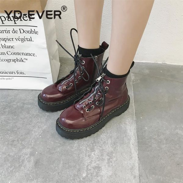 

british fashion zipper flat shoes woman high heel platform pu leather boots lace up boots girls botines mujer, Black