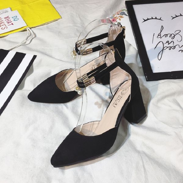 

spring and autumn new korean version of suede pointed sandals baotou with high heels word buckle with the single shoes, Black