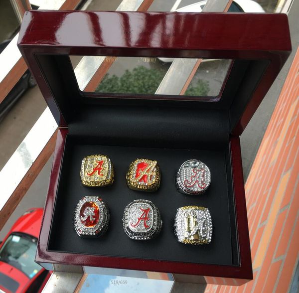 

6pcs alabama crimson tide национальный чемпионат кольцо с деревянной коробкой сувенирных мужчин вентилятор подарочных 2019 2020 моды ювелирн, Silver