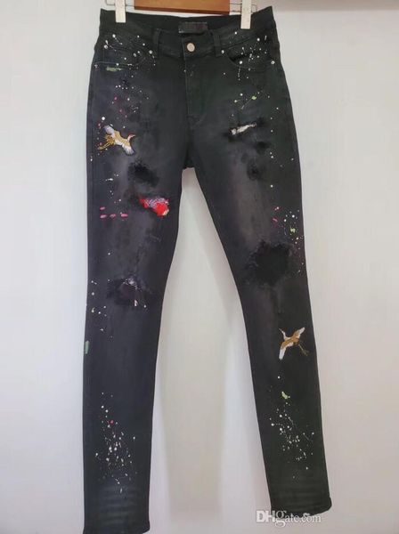 

2019 марка мужская вышивка летающий кран рваные джинсы байкер slim fit мотоцикл байкер denim для мужчин модельер hip hop мужские джинсы, Blue