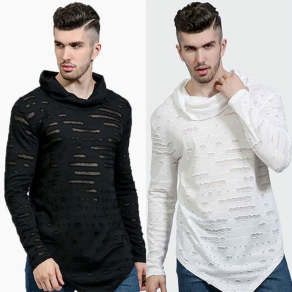 

t-shirts new men broken hole 2018 autumn casual pullover long sleeve clothes t-shirt, White;black