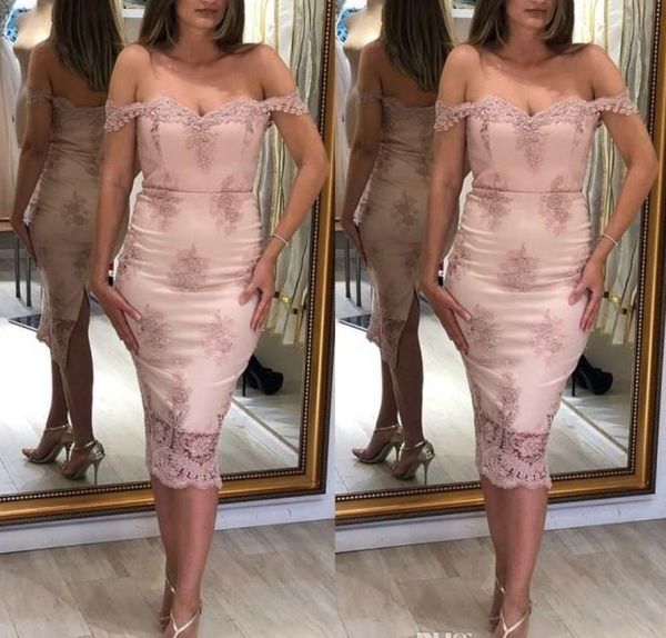 

2020 pink cocktail dresses sheath off shoulders back split women prom evening gowns appliques tea length party dress wears, Black