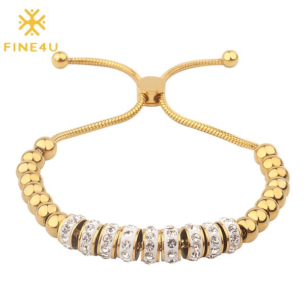 

fine4u b243 stainless steel adjust snake chain bracelet for women cubic zirconia bracelet beads jewelry, Golden;silver