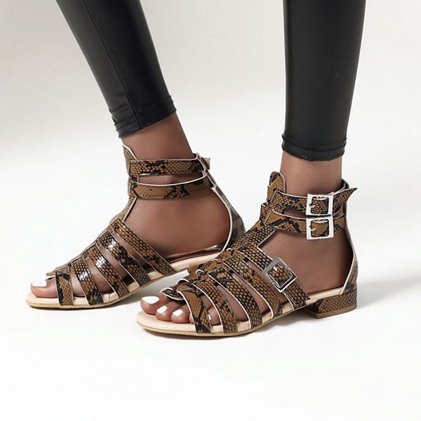 

2020 summer gladiator sandals shoes woman girls flat snake leather ankle strap buckle sandals open toe shoes women sandalia femi, Black