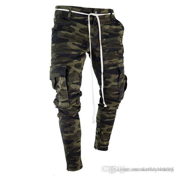 

mens camouflage pencil designer jeans fashion big pockets striped zipper design slim jean pants, Blue