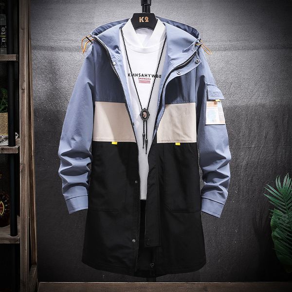 

streetwear male hooded jackets long section hit color patchwork men's coat blue khaki yellow m-4xl men's hooded jackets coat, Black;brown