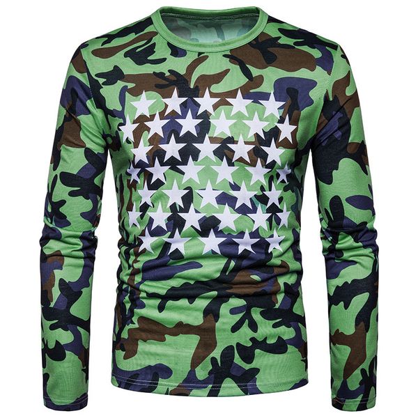 

2018 autumn new style fashion camouflage five-pointed star printed crew neck casual slim fit long-sleeved t-shirt, White;black