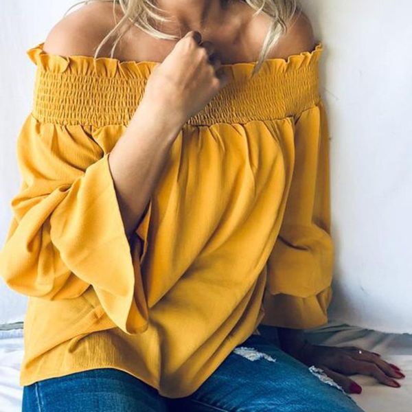 

2020 summer new word shoulder fold long sleeve women's shirt t-shirt bat sleeve loose t shirt women, White