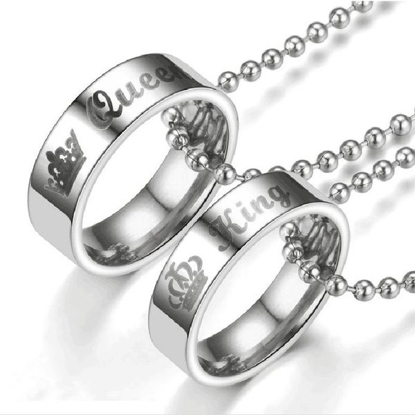 

fashion silver lover his queen her king crown letter round ring pendant necklace for couple women men valentine's day lover gift