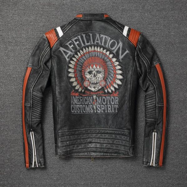 

autumn genuine cow leather rider jacket vintage embroidery genuine leather motorcycle jacket slim stand collar short, Black