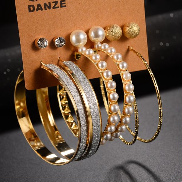 

danze 6 pairs/set simulate pearl beaded big circle hoop earrings women small earrings wedding party brincos jewelry aros, Golden;silver