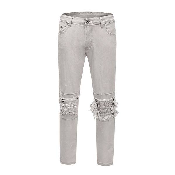 

high street hole patchwork slim biker denim pants men's ripped jeans pants plus size hip hop cargo trousers, Blue