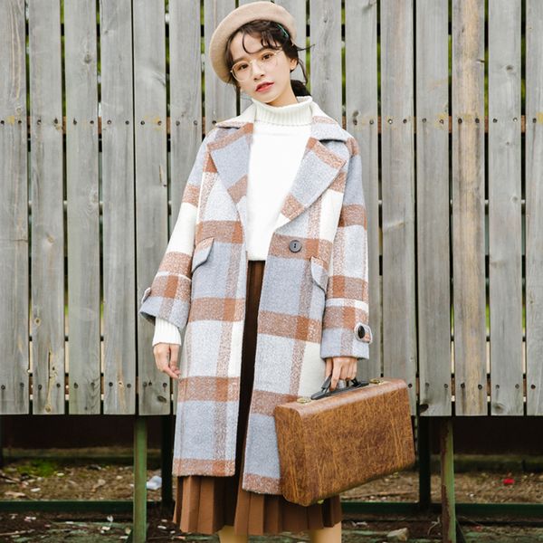 

new autumn women cashmere trench jacket casual plaid turn-down collar long coat thickness warm button pocket jackets, Black