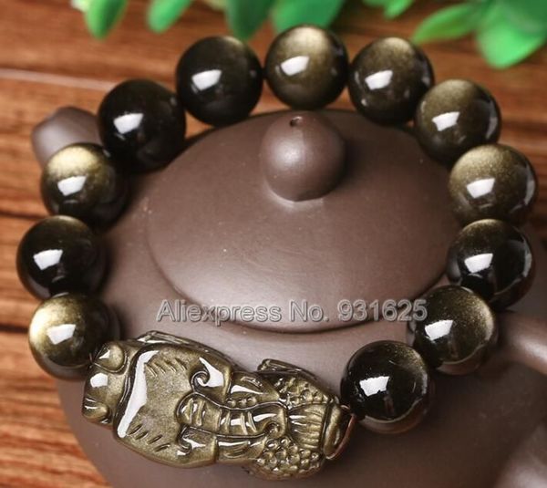 

beautiful natural gold obsidian 8mm - 20mm beads + obsidian carved pixiu lucky stretch elastic bracelet fashion jewelry, Black