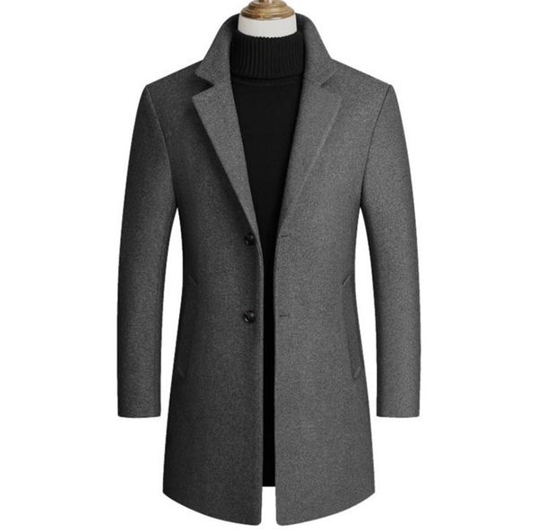 

winter mens designer blends faux wool lapel neck long coats fashion slim single breasted mens clothing, Black