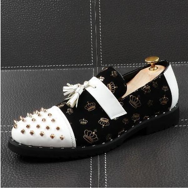 

cuddlyiipanda men fashion casual shoes summer leather tassels slip on loafers male rivets punk style dress shoes, Black