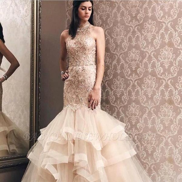 

gorgeous champagne tier tulle prom dresses mermaid halter neck beads appliques backless long evening gowms for women formal bc2698, Black