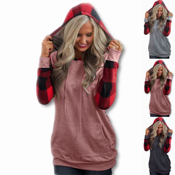 

plaid womens designer hoodies pullover patchwork long sleeve sweatshirts fashion pocket casual females apparel, Black
