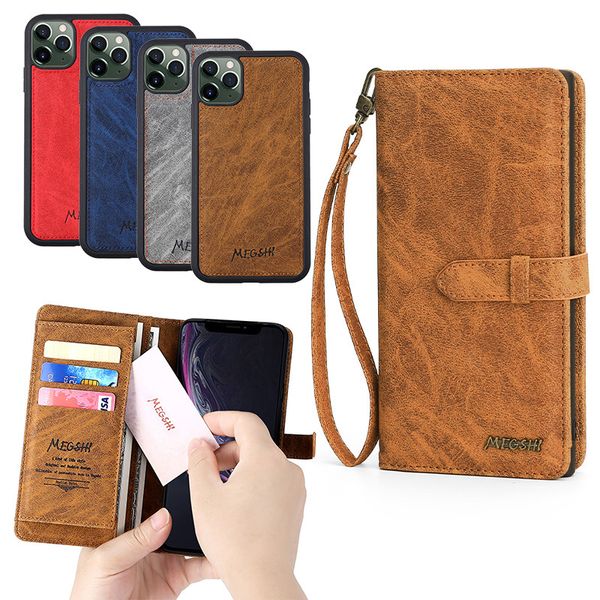 Retro Leder abnehmbare Brieftasche Hüllen für iPhone 12 Mini 11 Pro XR XS 7 8 Samsung Note 20 S10 S20 S21 Ultra Multi Card Slots Stand Cover