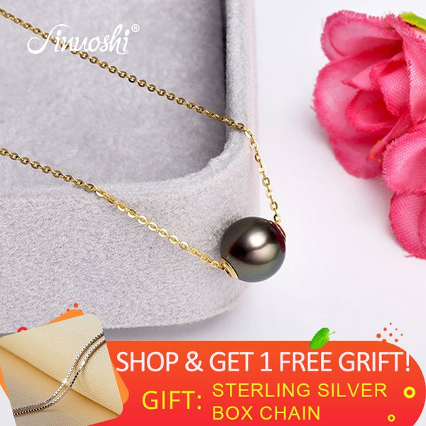 

ainuoshi 18k solid gold natural tahitian black pearl pendant with sterling silver chain necklaces (gift) tahiti pearl pendant