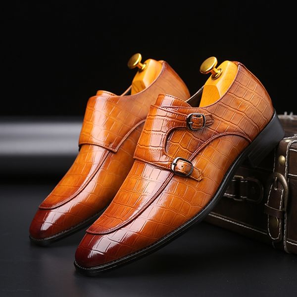 

casoipra crocodile men dress shoes leather formal social shoes elegant pointed toe office oxford for men wedding brogues, Black