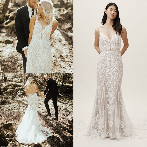 

2019 bhldn кружева русалка свадебные платья v шеи аппликация без рукавов свадебное платье страны сексуальная спинка плюс размер чешские свад, White