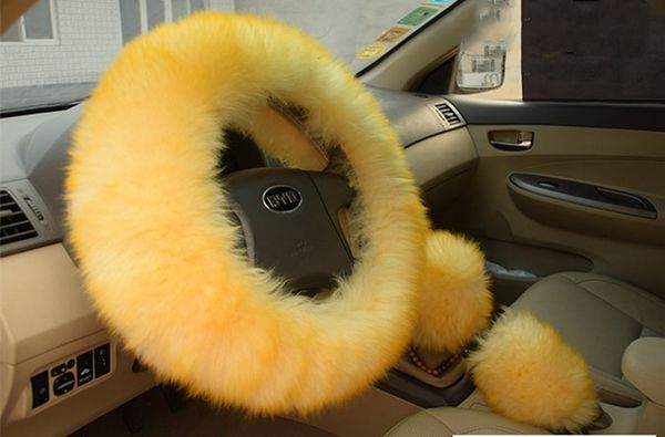 3 pçs conjunto macio de pelúcia carro lã volante capa peludo fofo inverno longo pelúcias quentes acessórios interiores acessórios287u