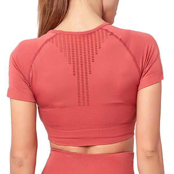 

женщины бесшовные йога рубашки с коротким рукавом crop top exposed navel вернуться выдалбливают центр рубашки тренажерный зал тренировки спо, White;red