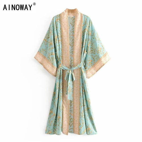 

vintage chic women green floral print bat sleeve rayon beach bohemian robe kimono ladies v neck sashes boho dress vestidos, Black;pink