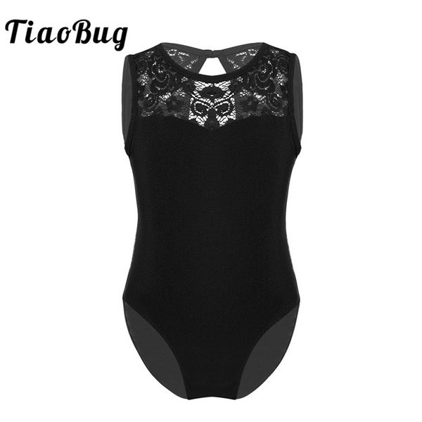 

tiaobug kids teens sleeveless lace splice professional ballet leotard for girls gymnastics leotard ballerina bodysuit dance wear, Black;red