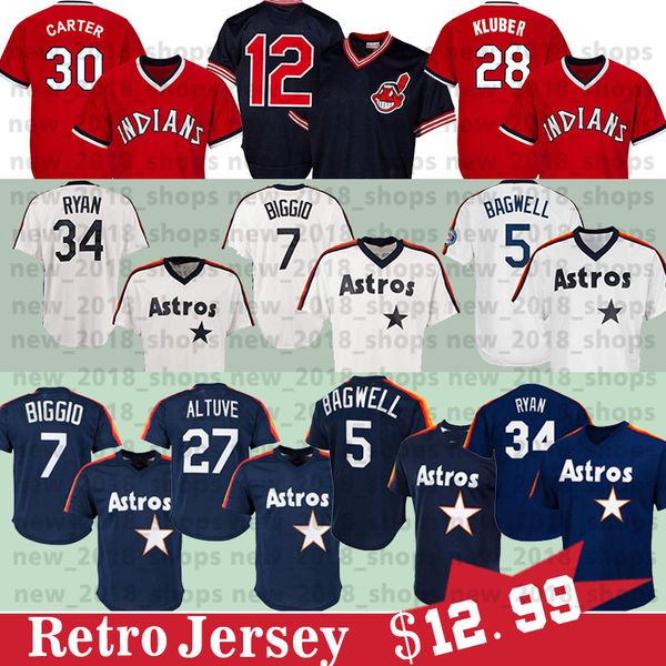 

27 jose altuve 5 jeff bagwell 34 nolan ryan 7 craig biggio 12 francisco lindor 30 joe carter 28 corey kluber baseball jerseys, Blue;black