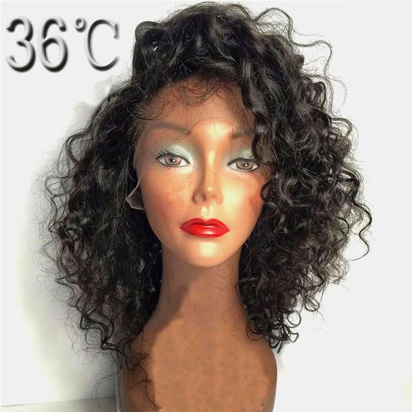 

paff curly glueless full lace wig remy hair malaysian side part short human hair wig natural hairline baby hair 150% density, Black;brown