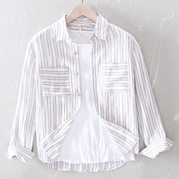 

men's 100% linen long sleeve slim fit striped dress shirt men breathable social business shirts male camisa ts-541, White;black