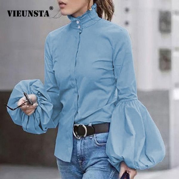 

vieunsta fashion lantern long sleeve women blouse shirt autumn stand collar elegant ladies office blouses solid streetwear, White