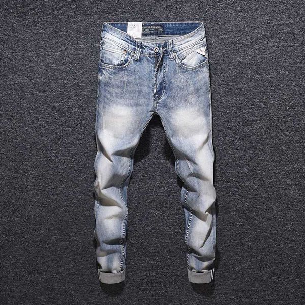

men's jeans fashion streetwear men light blue slim fit italian vintage elastic denim pants designer hip hop homme