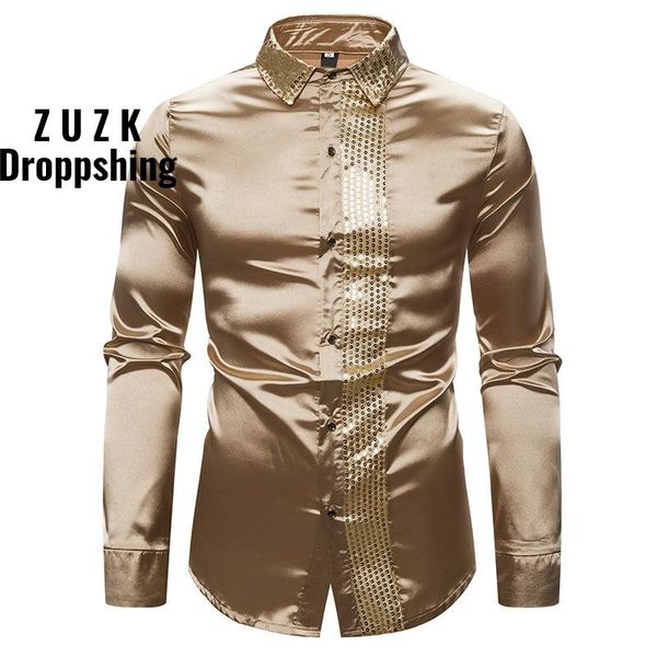 

zuzk new shiny gold sequin patchwork silk dress shirt mens club dj party shirt prom glitter chemise, White;black