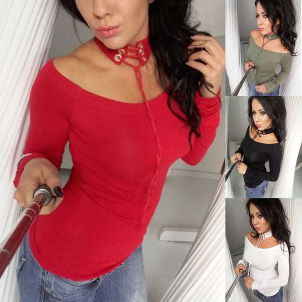 

new women choker neck casual solid loose long sleeve ladies t shirt top, White