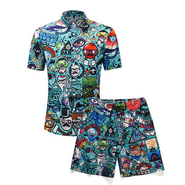 

men's set summer beach style flower print tracksuit men single breasted t shirt + shorts two piece set short sleeve street wear, Gray