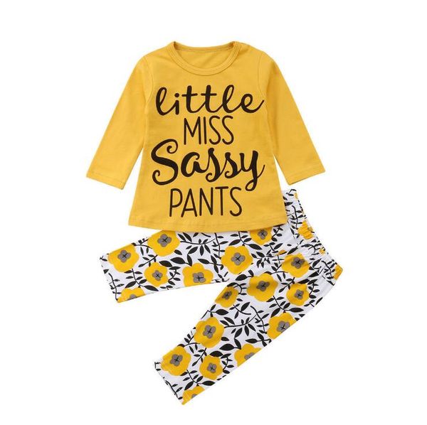 

yellowe flower kids baby girls clothes t-shirt +pants 2pcs set outfits long sleeve newborn infant toddler baby clothing, White