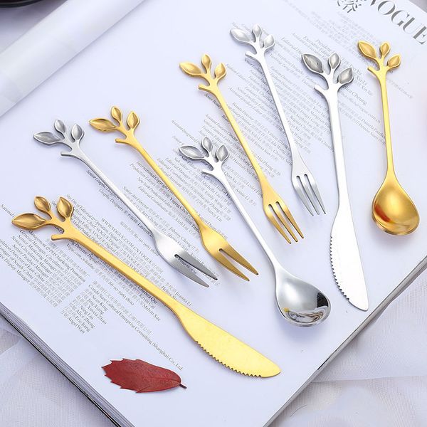 

stainless steel creative leaf shape knife and fork coffee spoon dessert moon cake knife and fork spoon tableware