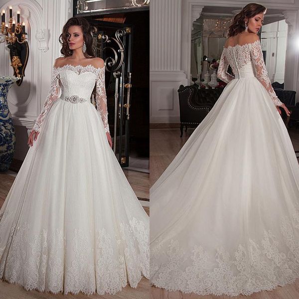 

elegant tulle off-the-shoulder neckline ball gown wedding dresses with lace appliques rhinestones beading belt bridal gowns bt01, White