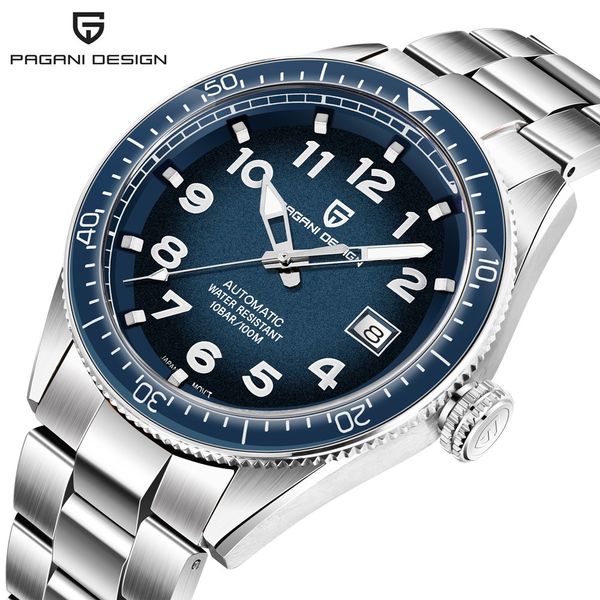 

pagani design automatic mechanical watches diver sport 100m men business wristwatch male clock relogio masculino, Slivery;brown