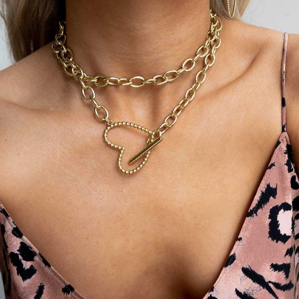 

street style lady's fashion gold rose gold silver color long chain heart necklace women's layered metal chocker necklace