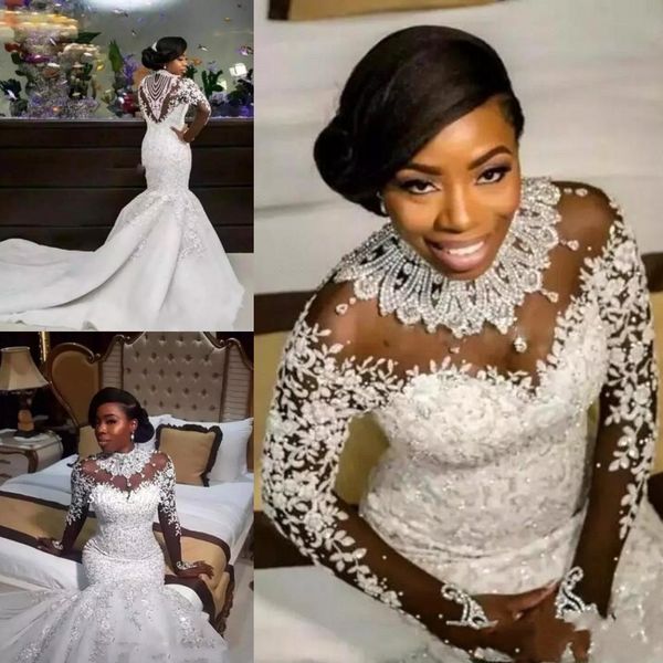 

south africa high neck lace mermaid wedding dresses 2019 crystals bead sheer long sleeves illusion back bridal gowns vestido de novia ba6849